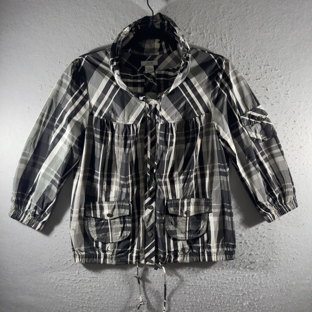 3323 | Caché Plaid Snap Front Utility Windbreaker Jacket Black White Women S